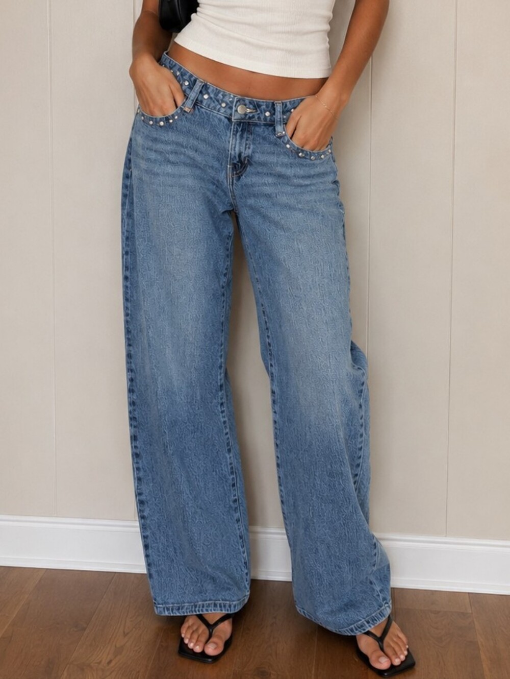 Y2K Women's Nobo Blue Wide-Leg Jeans with studded Details Size 3